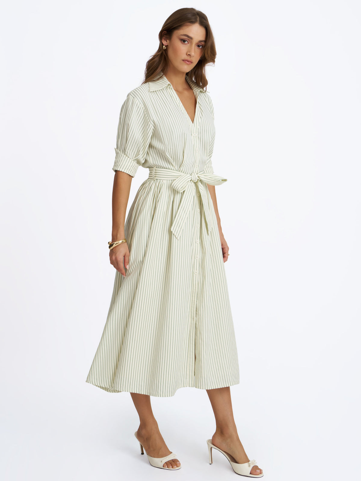 Danica Pine Green Bamboo Poplin Striped Shirt Midi Dress