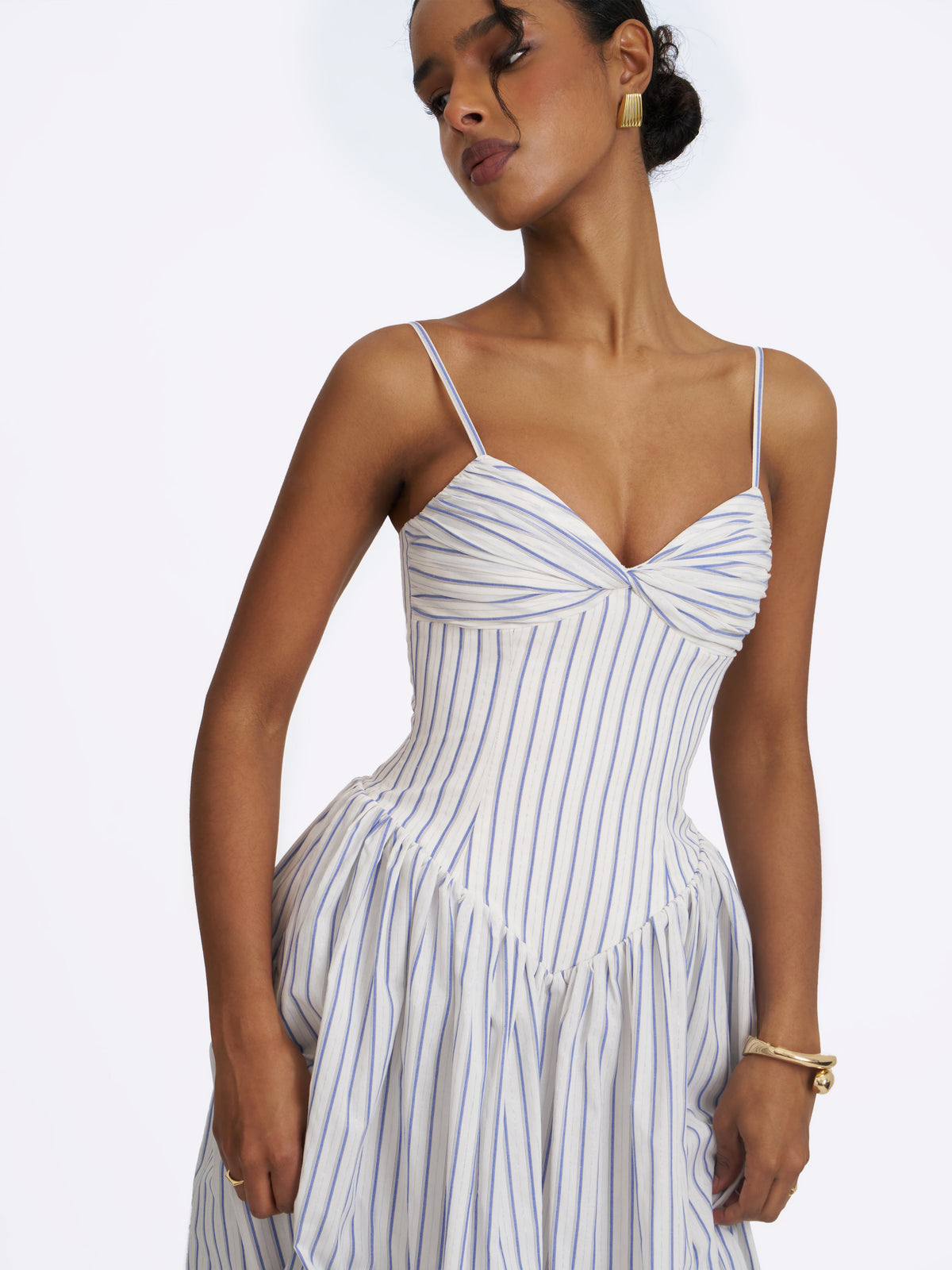 Olea Sky Blue Striped Cotton Poplin Ruched Midi Dress