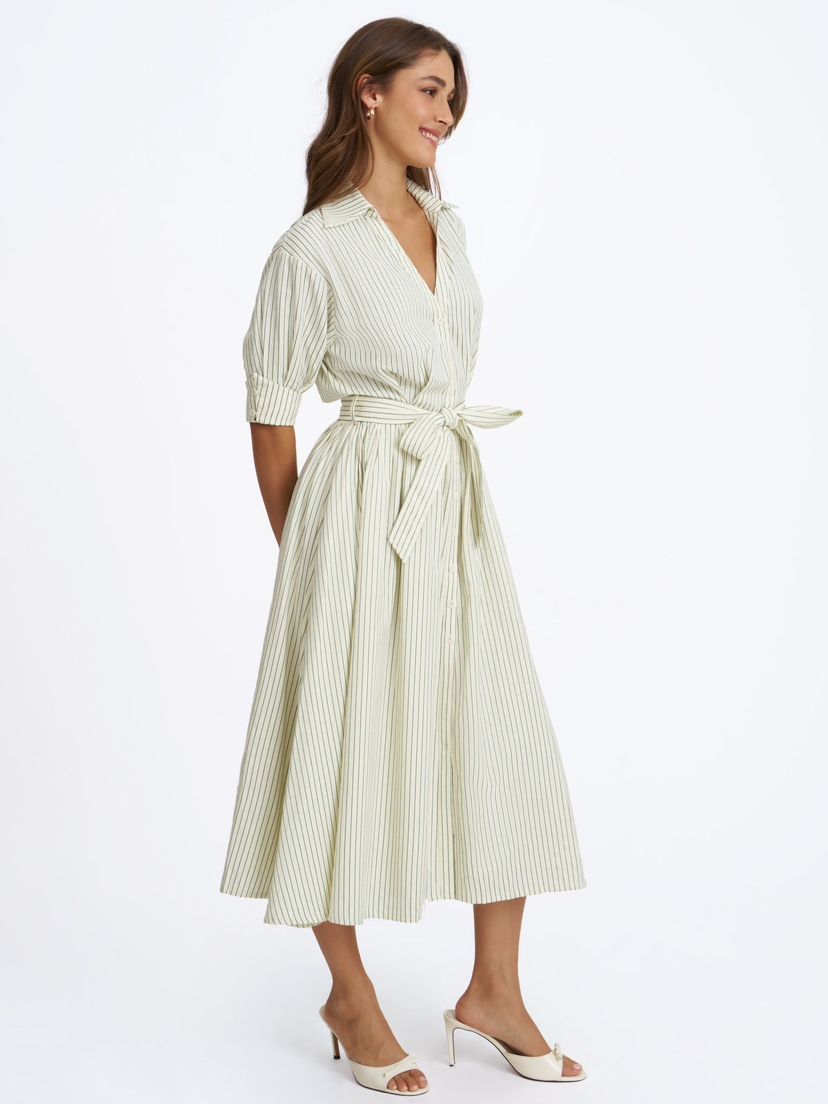 Danica Pine Green Bamboo Poplin Striped Shirt Midi Dress