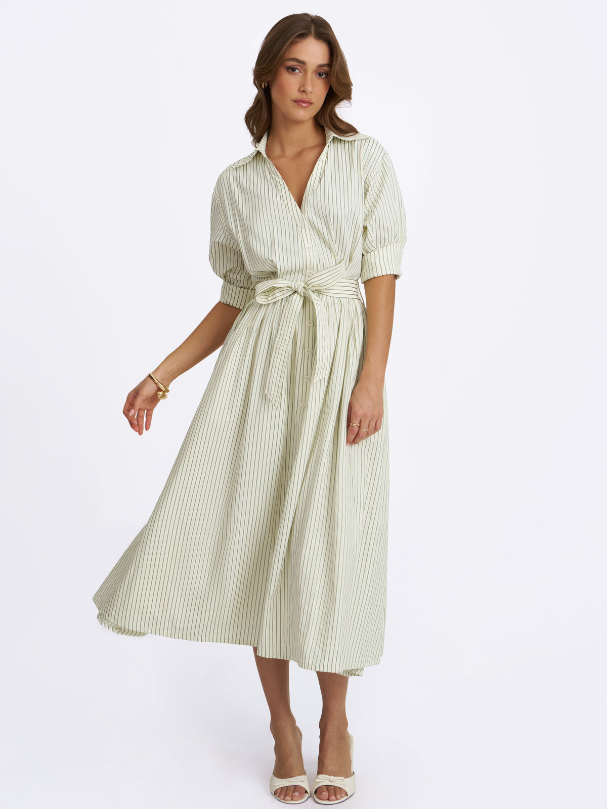 Danica Pine Green Bamboo Poplin Striped Shirt Midi Dress