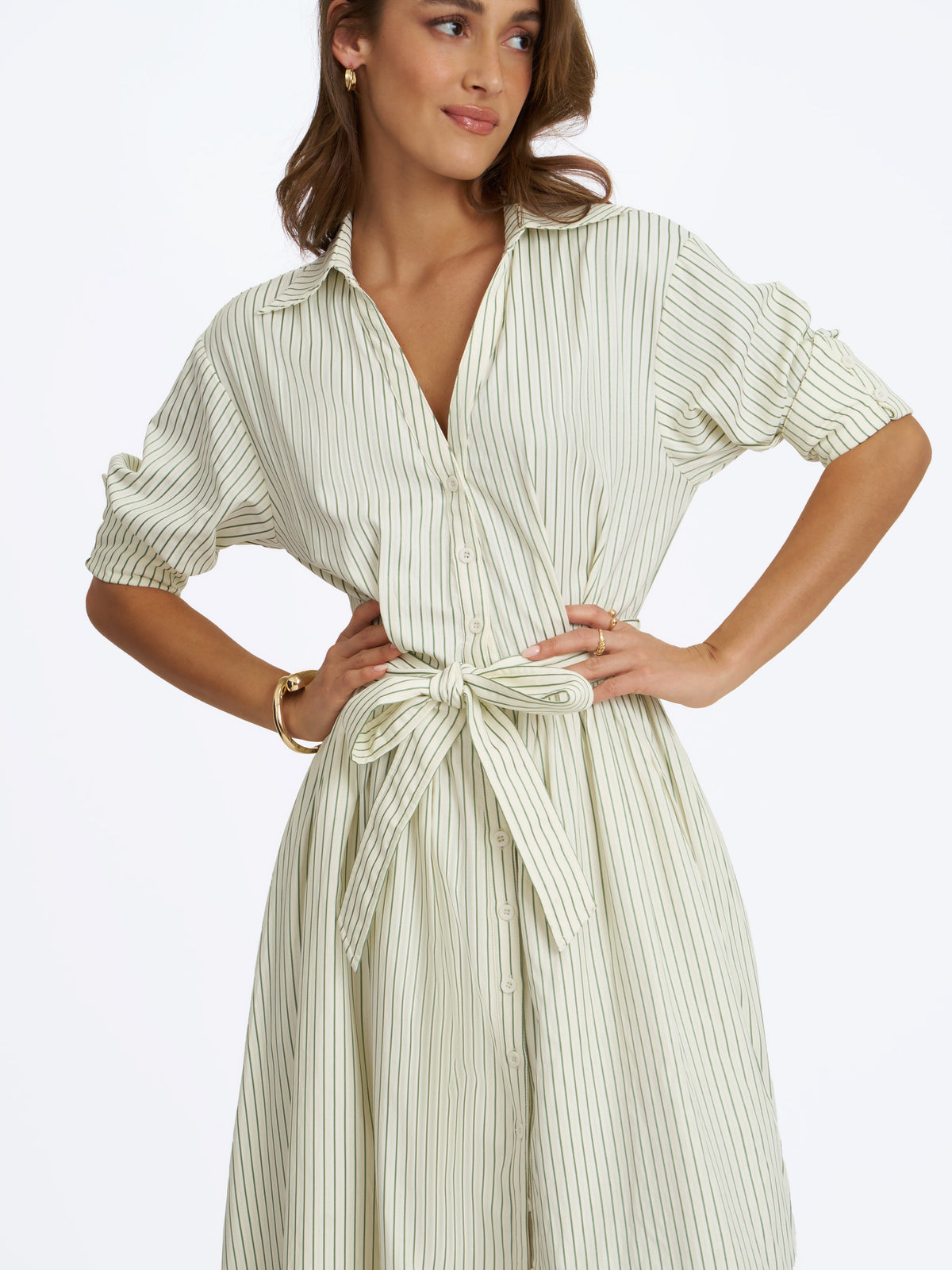 Danica Pine Green Bamboo Poplin Striped Shirt Midi Dress