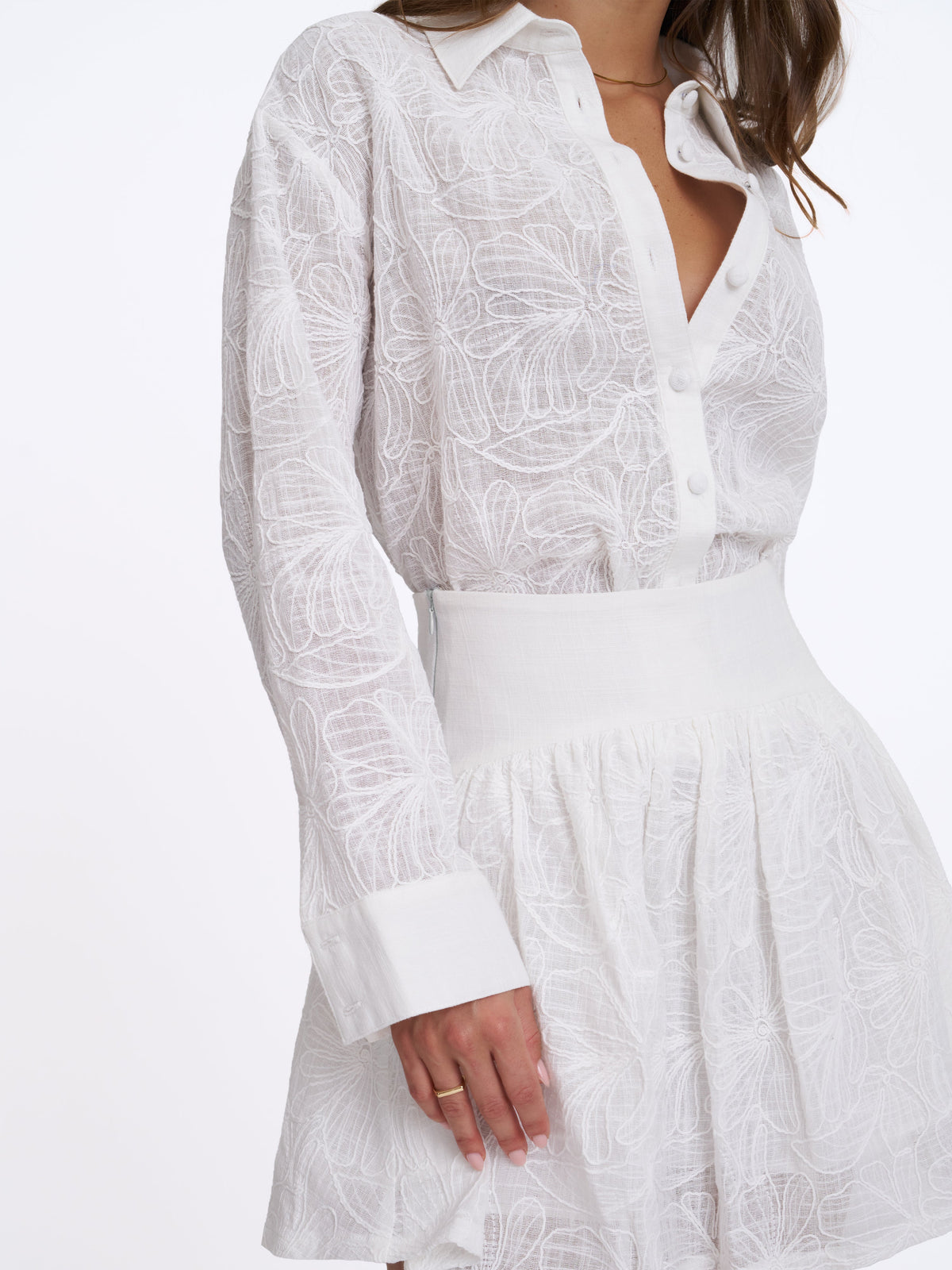 Quintina White Embroidered Cotton Gauze Button-Down Shirt