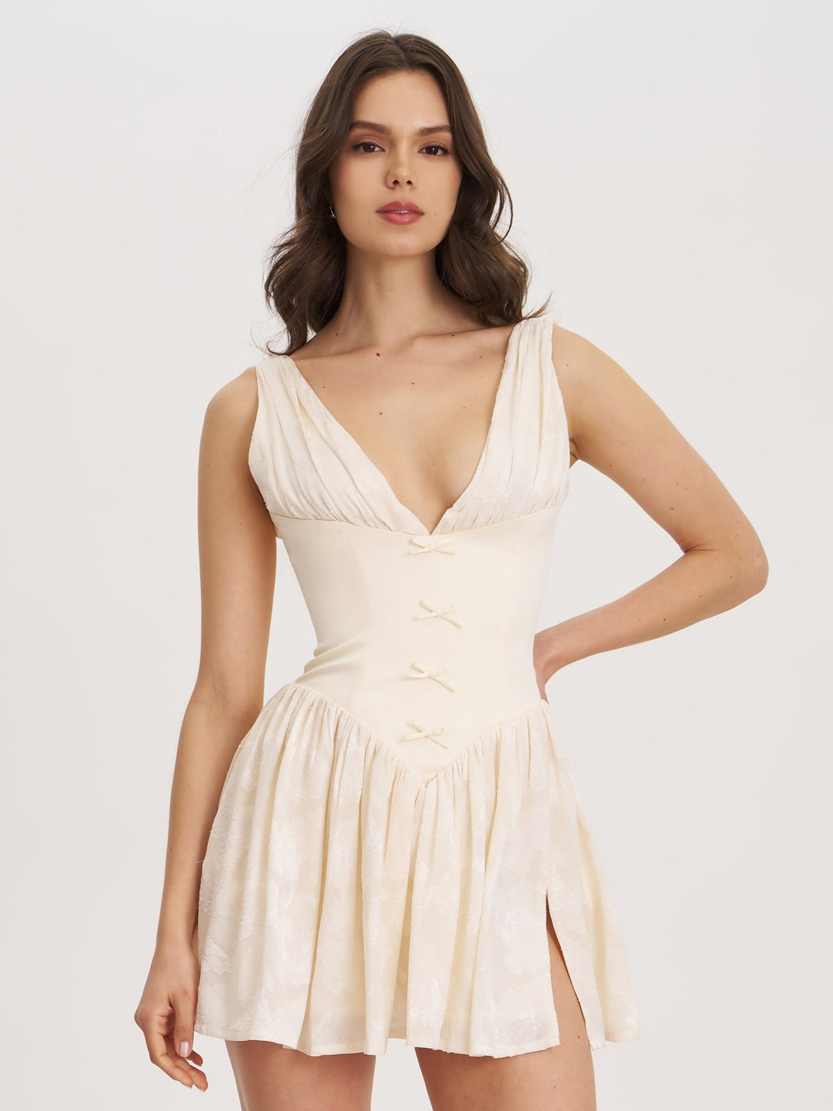 Zahara Off White Jacquard Drop Waist Mini Dress (Archive Sale)