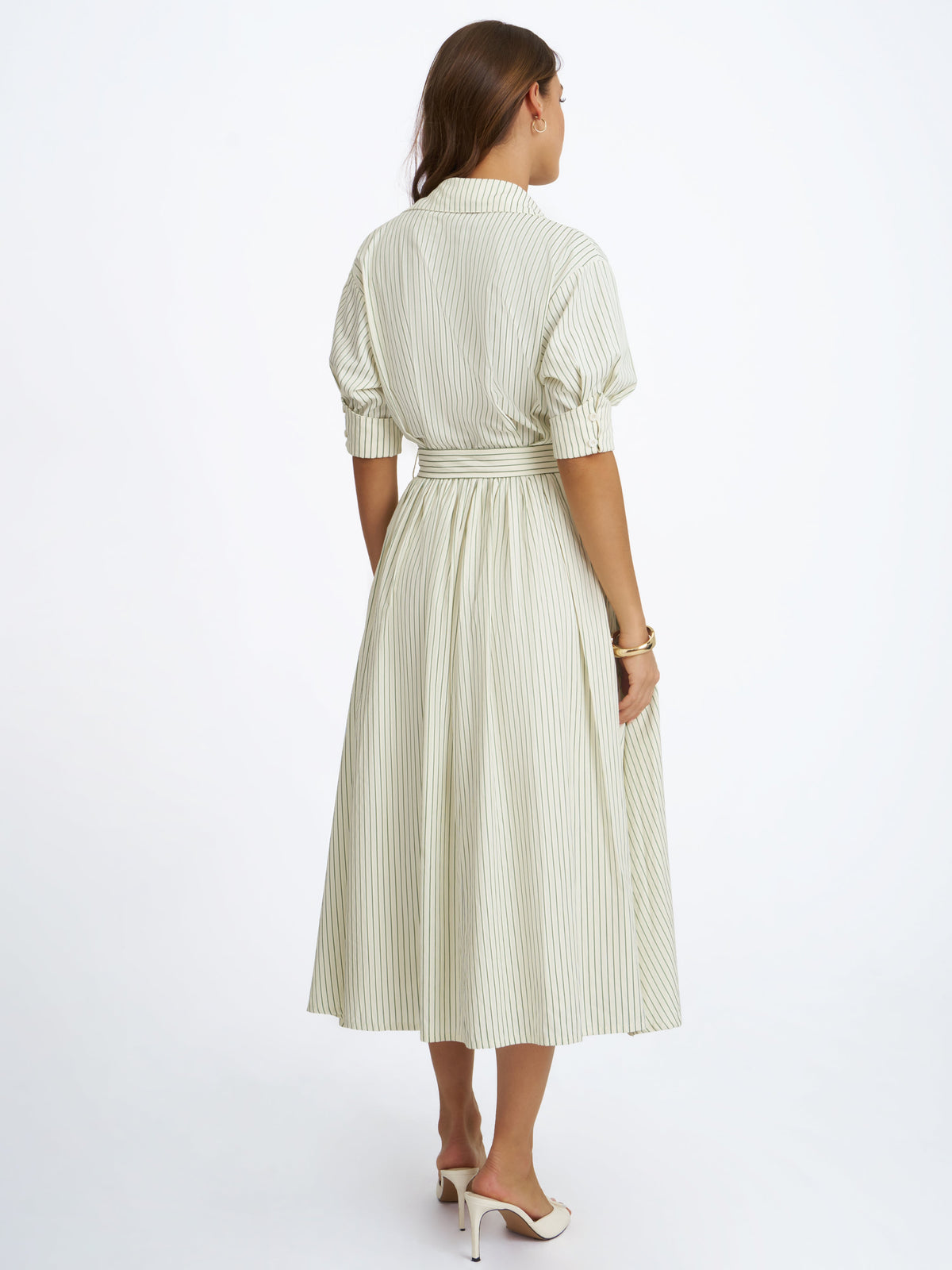 Danica Pine Green Bamboo Poplin Striped Shirt Midi Dress