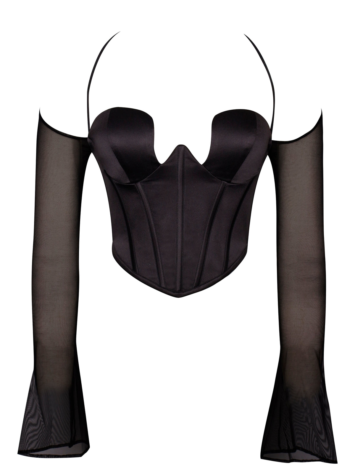 Pixie Black Mesh Sleeve Halter Corset Satin Top (Archive Sale)