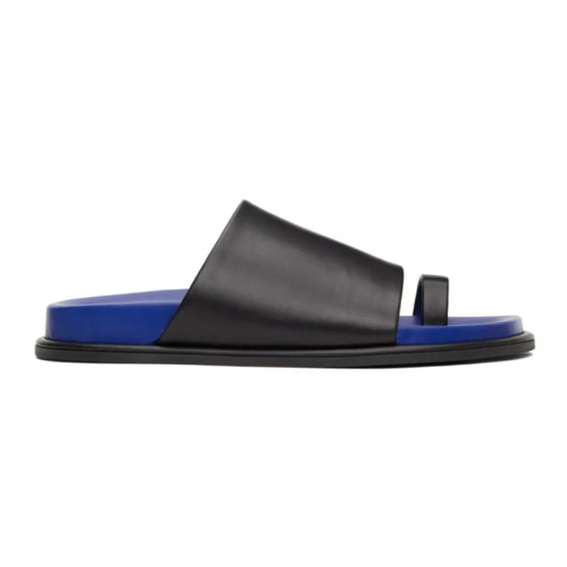 Mens | Marina Moscone Flat Leather Toe Strap Sandal Black/Blue