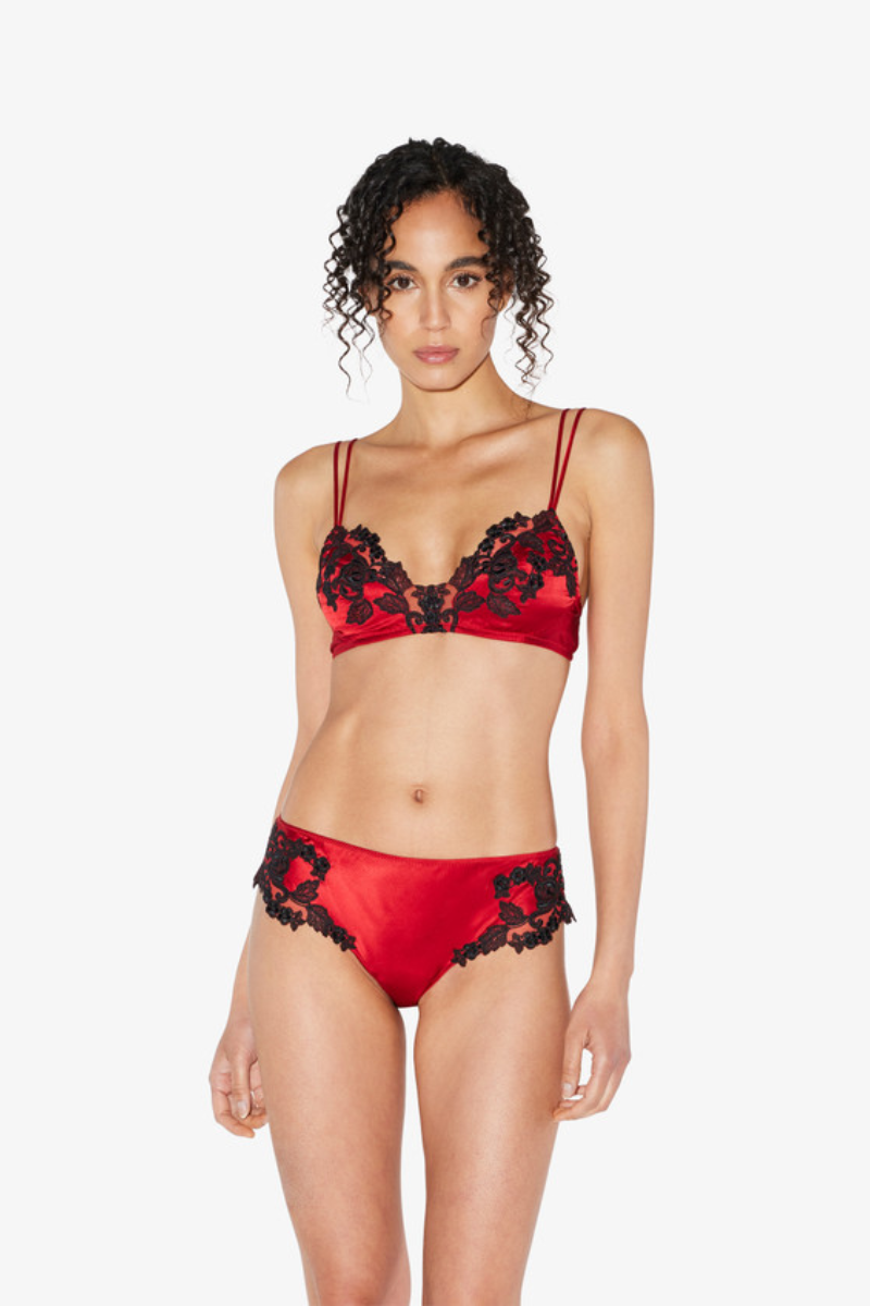 La Perla Red Silk Triangle Bra with Black Frastaglio