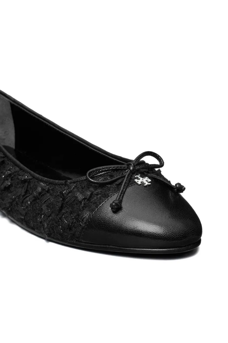 Tory Burch Cap-Toe Ballet Flats in Midnight Navy Bouclé and Black Leather