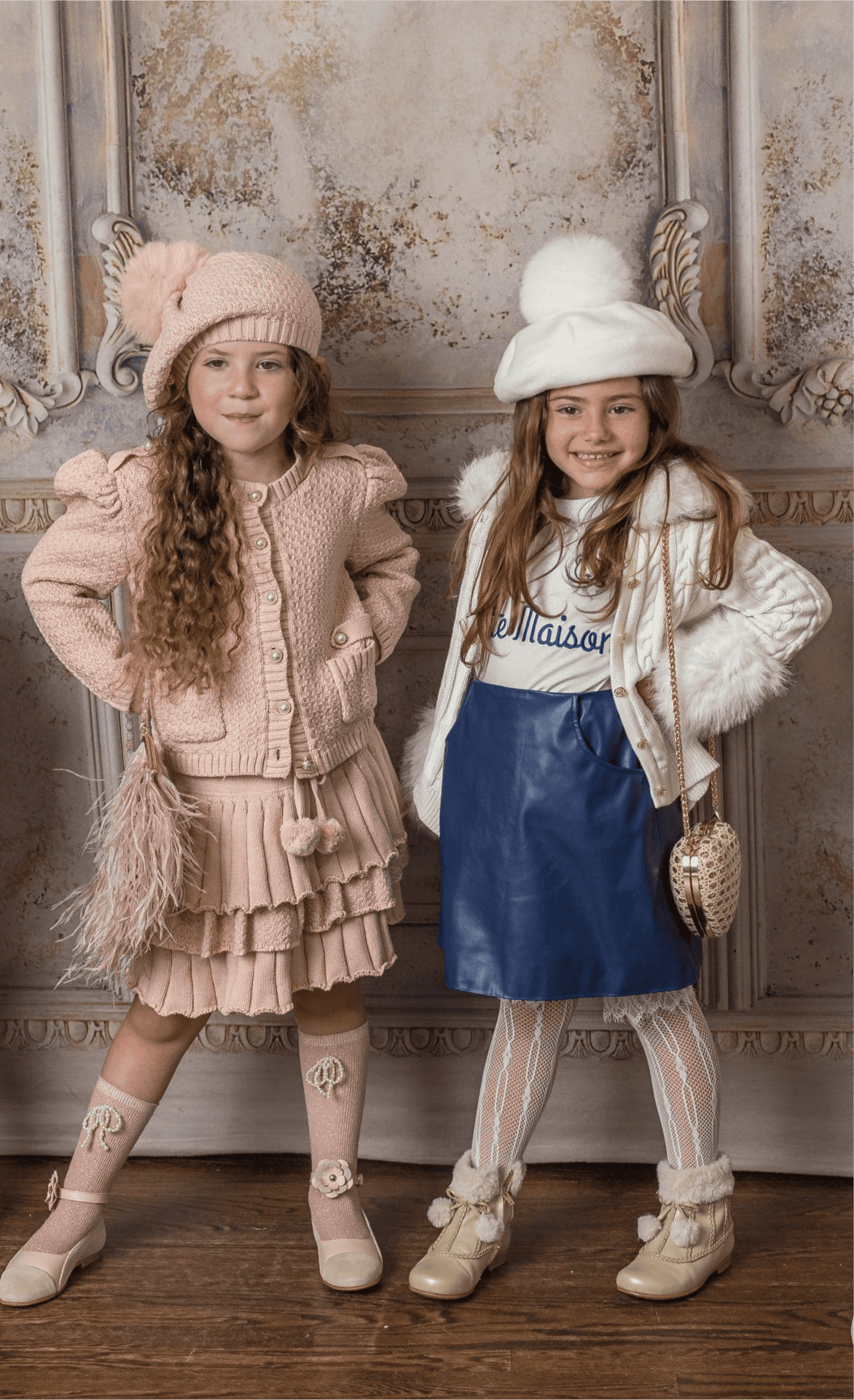 Girl wearing Julie pink cotton set with matching pink beret with pink pom pom detail