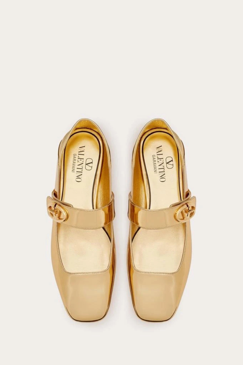 Valentino Garavani VLogo Locker Square-Toe Mary-Jane Ballerina In Gold