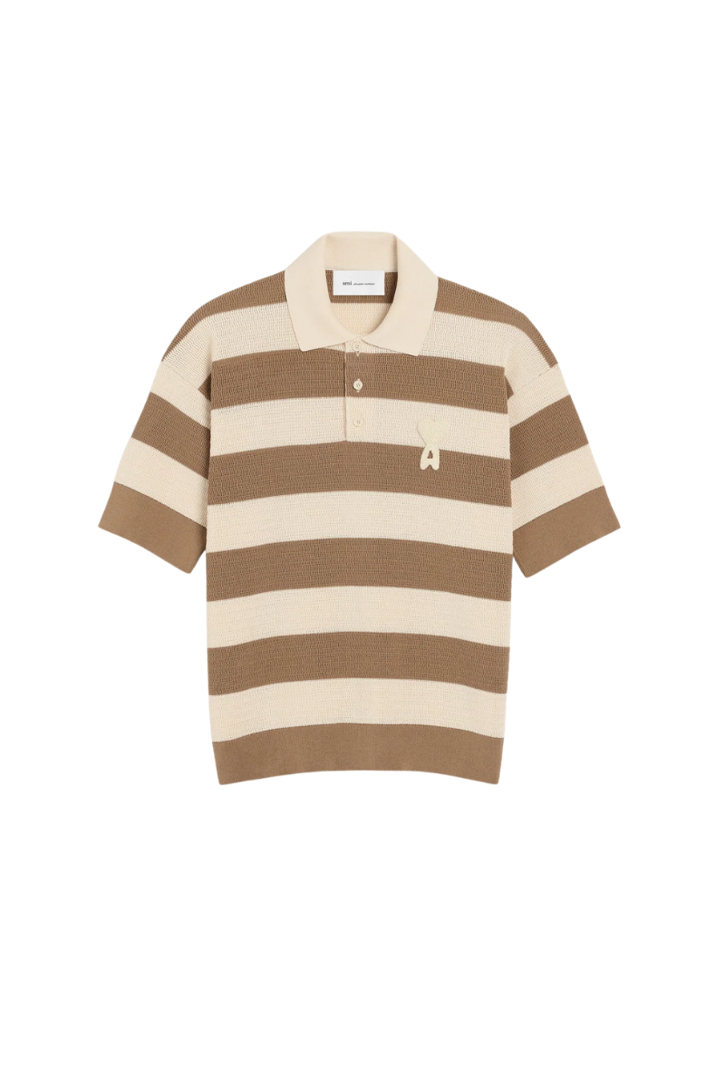 Ami Paris Polo In Ajour¨¦ Stripped Cotton Knit-White And Brown