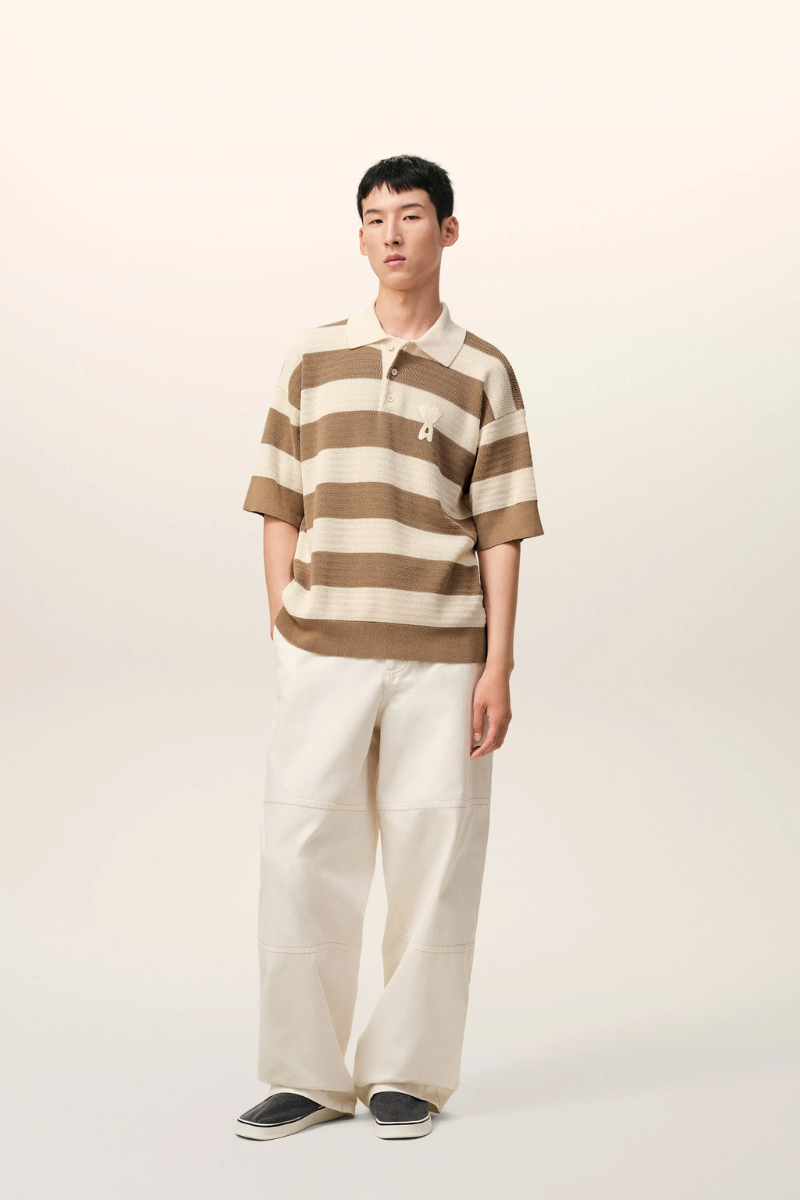 Ami Paris Polo In Ajour¨¦ Stripped Cotton Knit-White And Brown