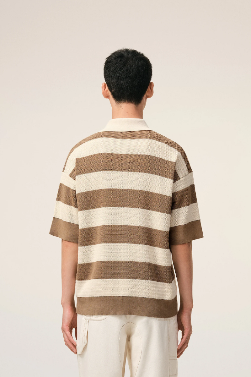 Ami Paris Polo In Ajour¨¦ Stripped Cotton Knit-White And Brown