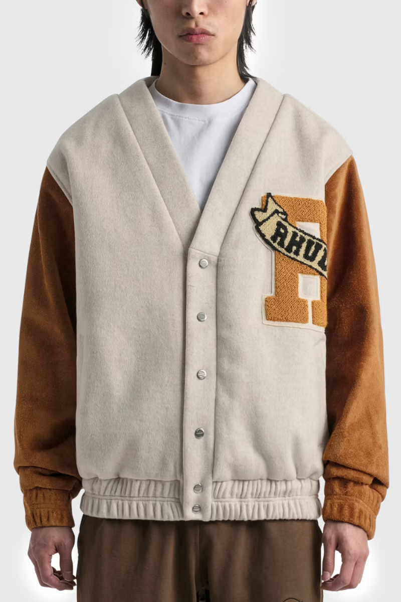 RHUDE Contrasting Sleeves Varsity Jacket - Beige/Tan