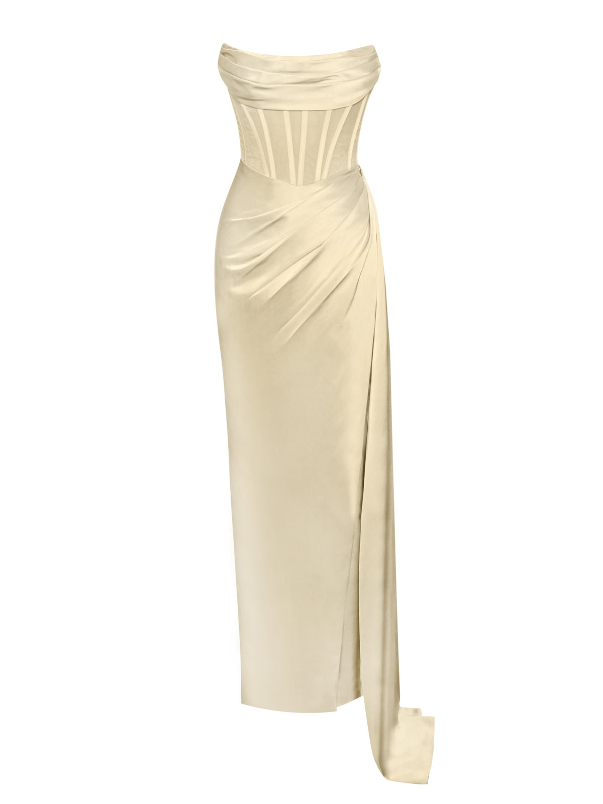 Prisa Egg White High Slit Satin Corset Gown (Archive Sale)