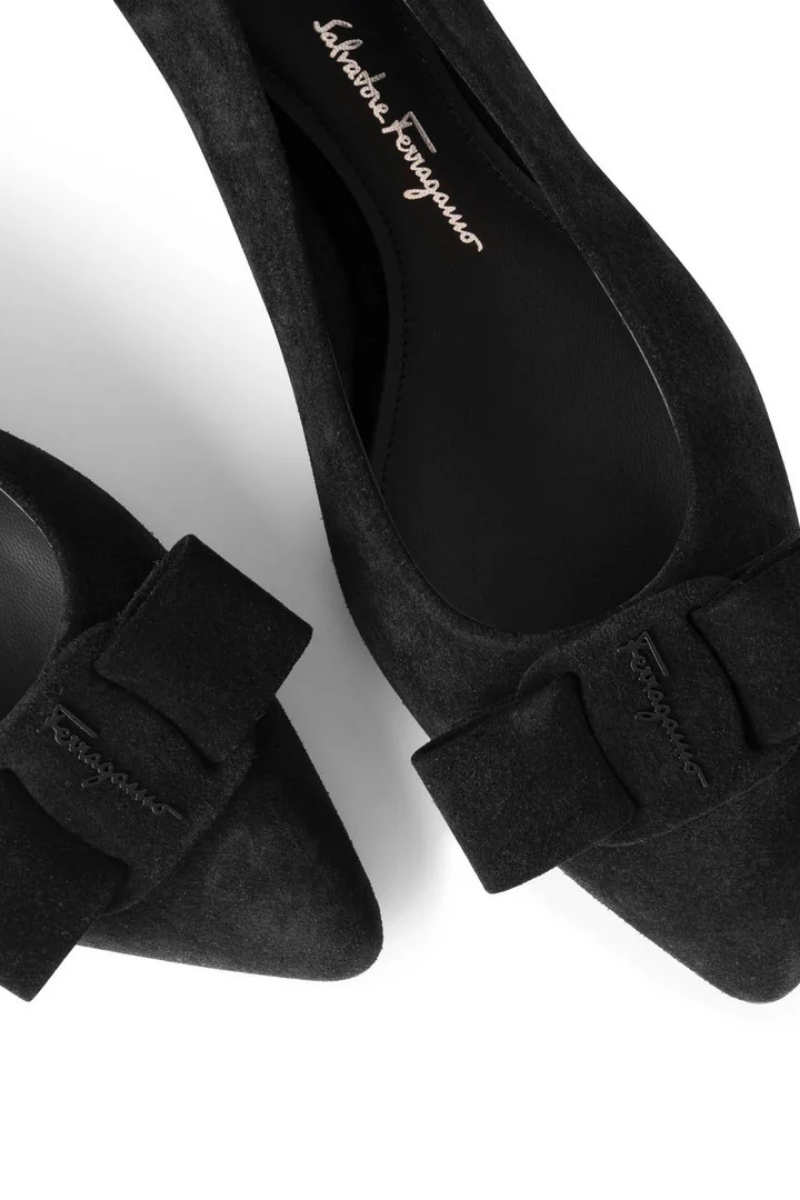 Salvatore Ferragamo Black Suede Viva Bow Ballet Flats 2CM