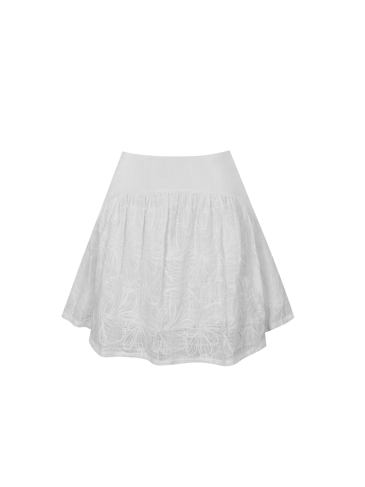 Quisha White Embroidered Cotton Gauze Gathered A-Line Mini Skirt