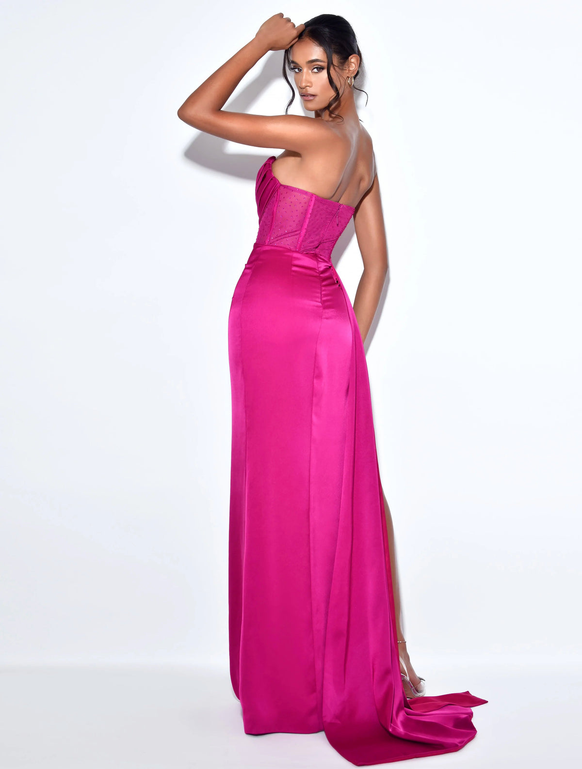 Holly Fuchsia Crystallized Corset High Slit Satin Gown (Archive Sale)