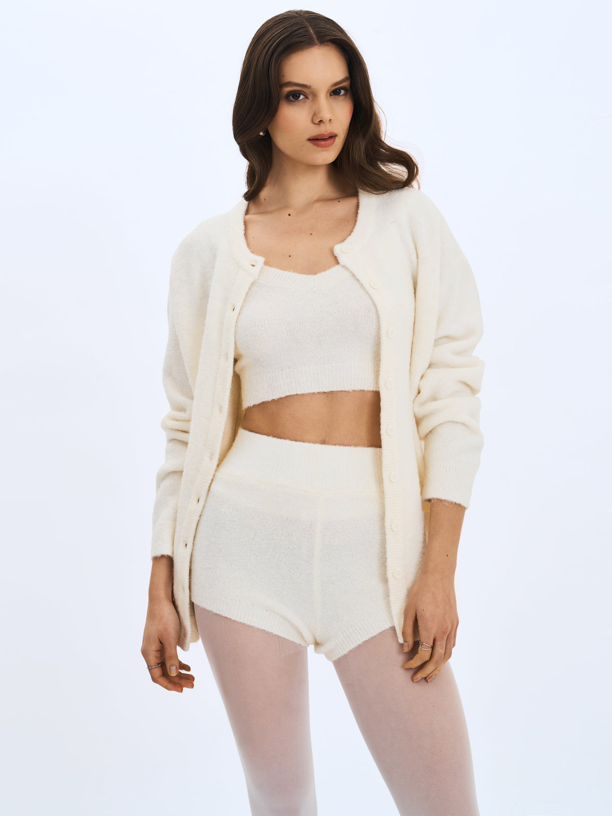 Orla White Wool-Blend Ribbed Knit Cardigan