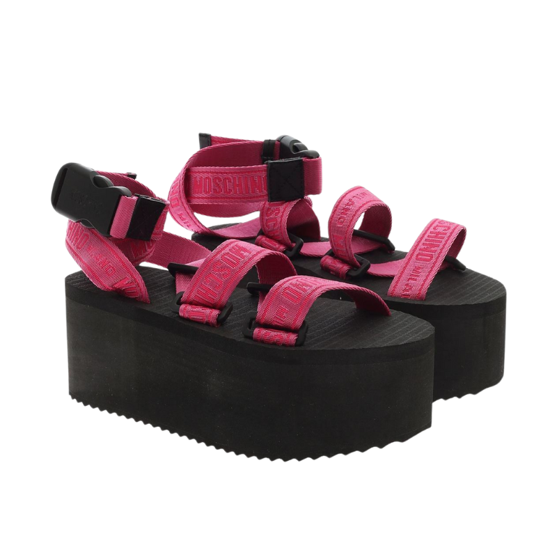 Moschino Logo Tape Wedge Sandals (Pink/Black & Black/White)