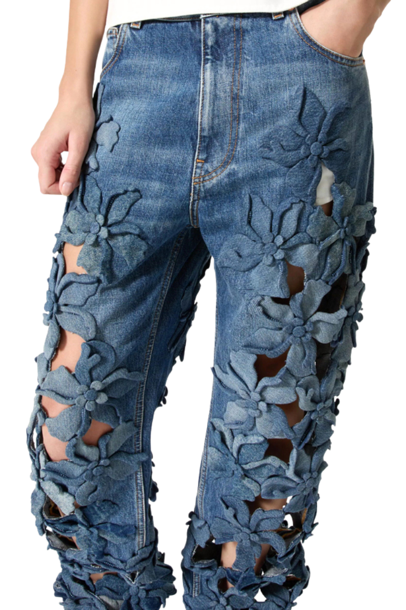 Valentino Garavani Embroidered Hibiscus Denim Jeans Medium Blue Denim 4B0DD17B8KJ_558