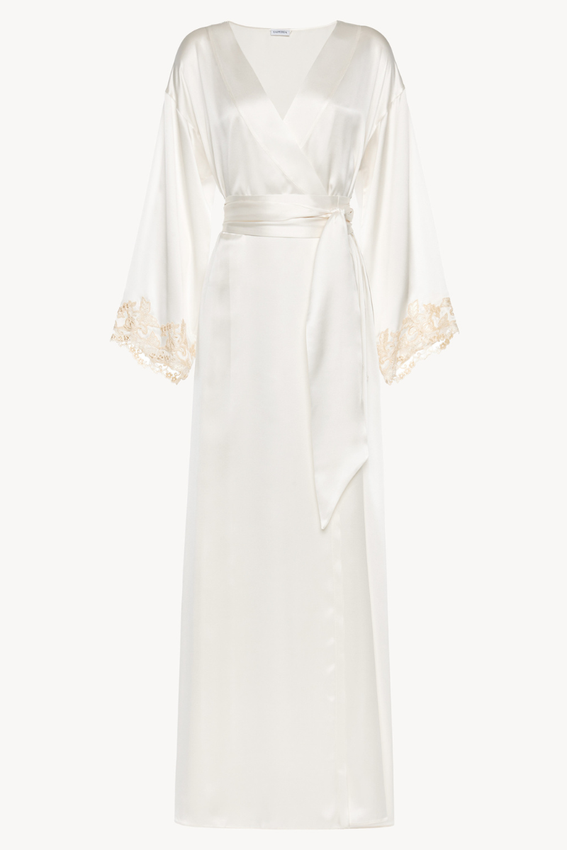 La Perla Maison White Long Silk Robe With Ivory Frastaglio