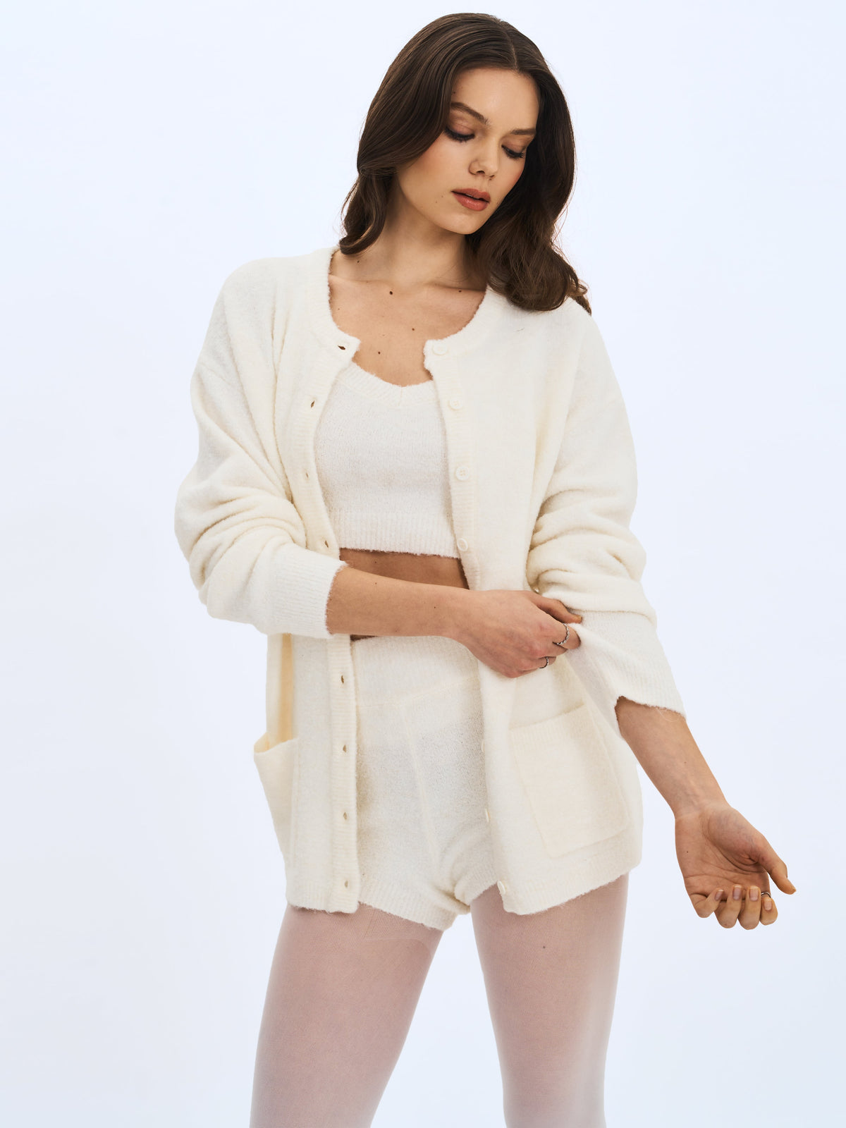 Sera White Wool-Blend Ribbed Knit Mini Shorts