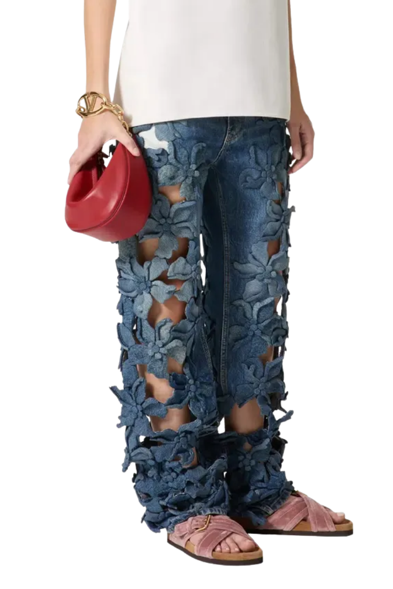 Valentino Garavani Embroidered Hibiscus Denim Jeans Medium Blue Denim 4B0DD17B8KJ_558