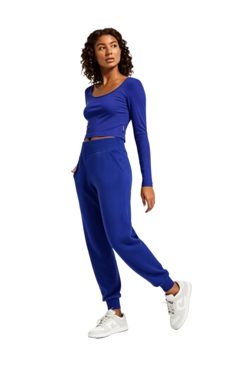 Bandier Rivington Ribbed L/S Scoop Neck Crop Top Dazzling Blue BW202204
