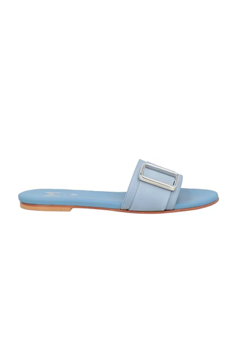 Marella Blue Leather Slippers with Silver Square Buckle