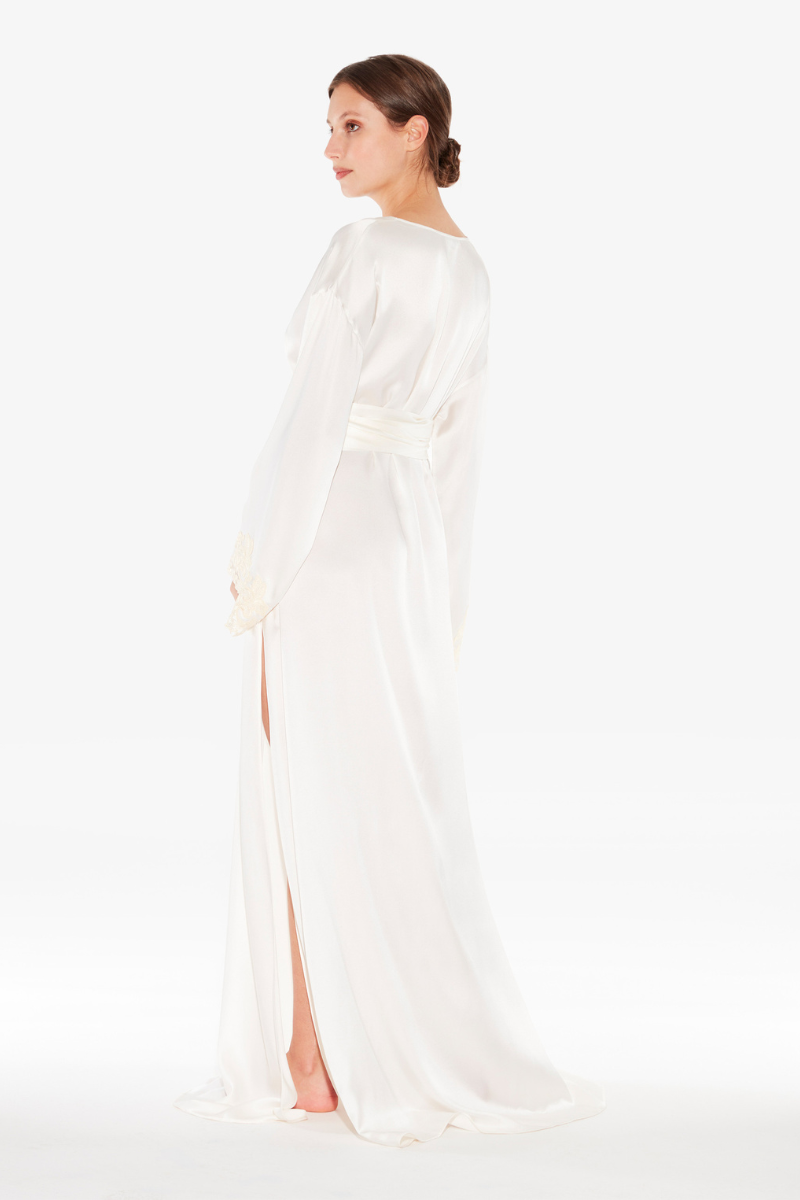 La Perla Maison White Long Silk Robe With Ivory Frastaglio