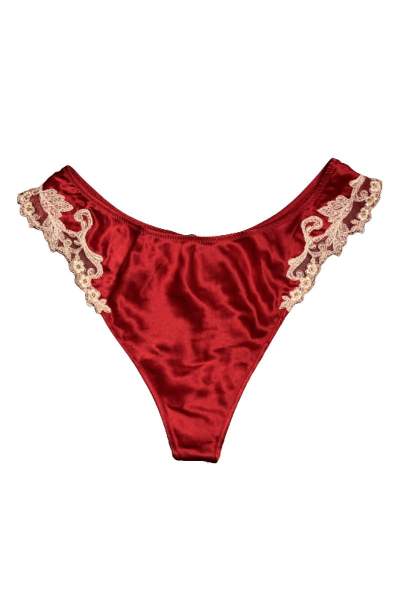 La Perla Red Silk Thong with Pink Frastaglio