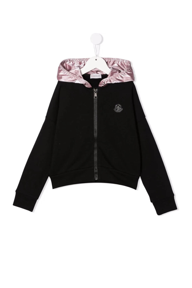 Moncler Kids' Black an Pink MAGLIA CARDIGAN C/CAPPUCCIO