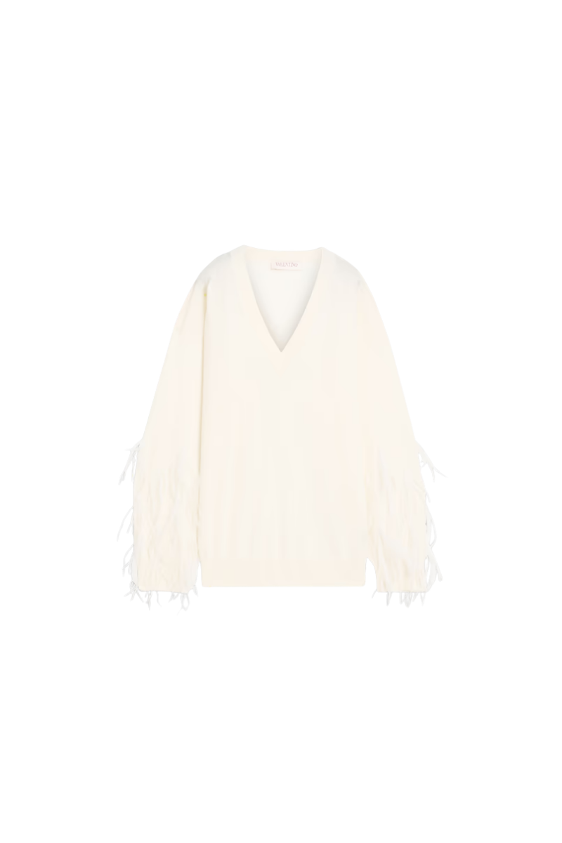 Valentino Garavani Feather-Trimmed Wool Sweater Avorio 4B3KC47C82Q_A03