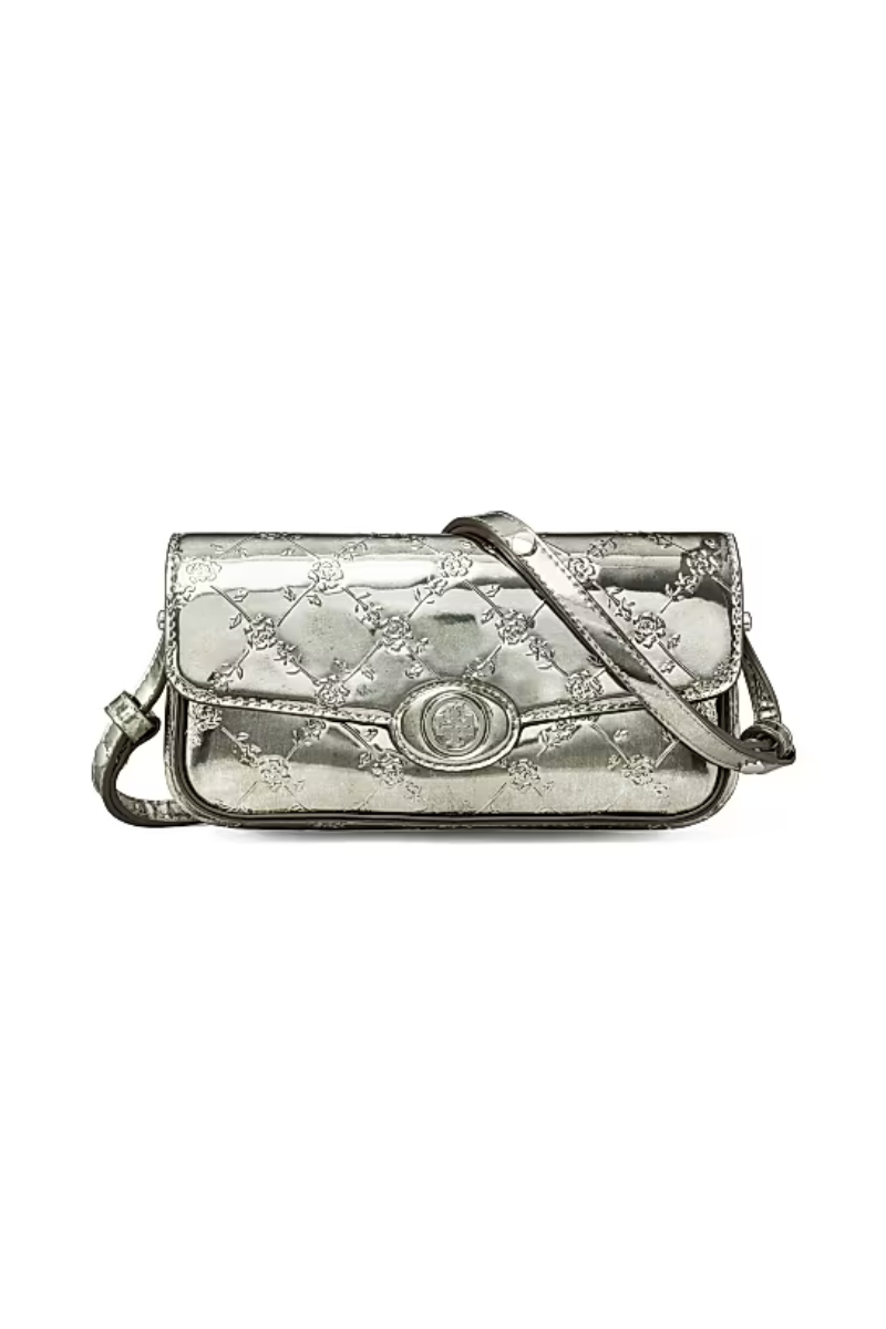 Tory Burch Robinson Floral Metallic Crossbody – Silver