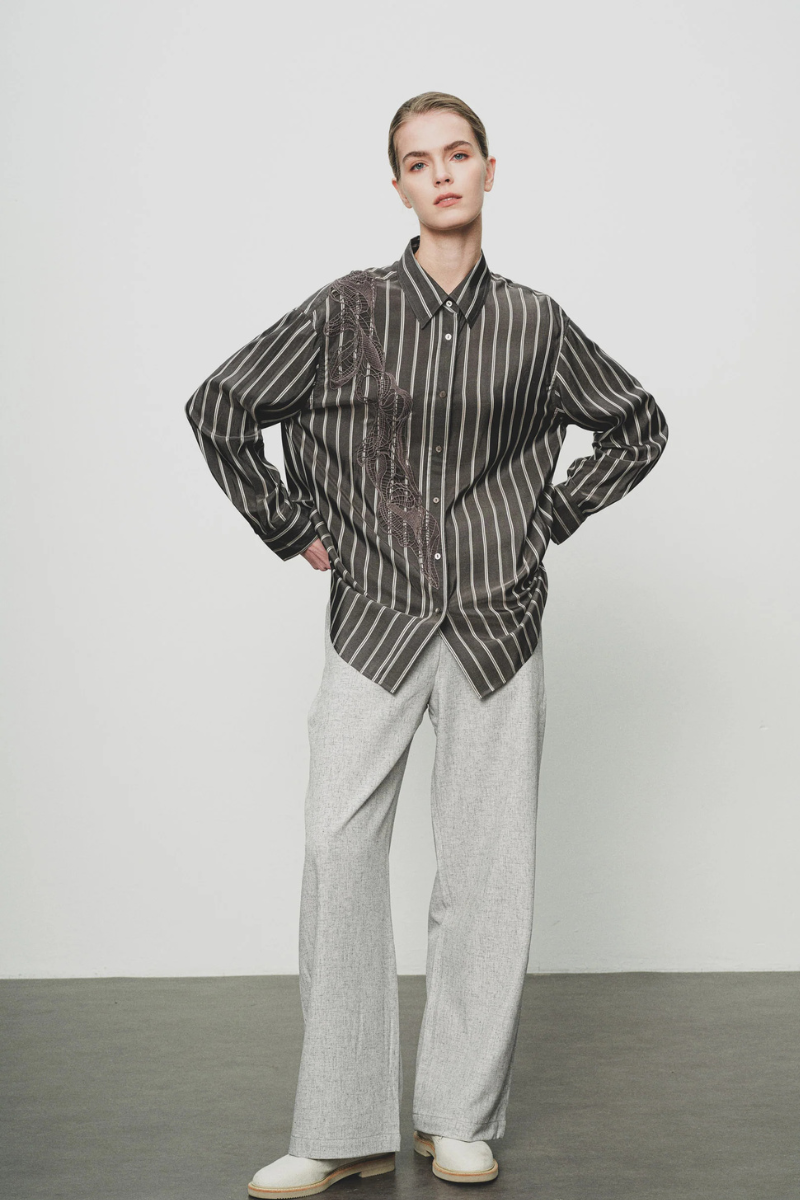 Max Simple Embroidered Stripe Silk Shirt Grey MSXN268851G