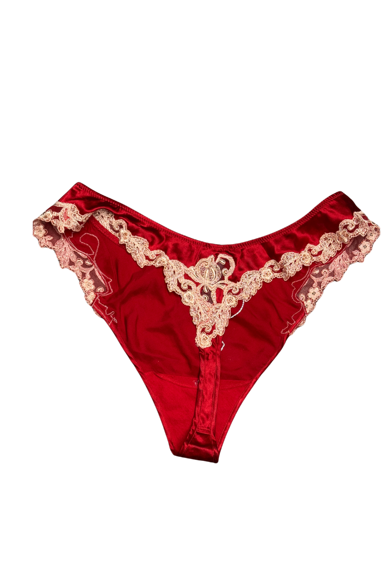 La Perla Red Silk Thong with Pink Frastaglio