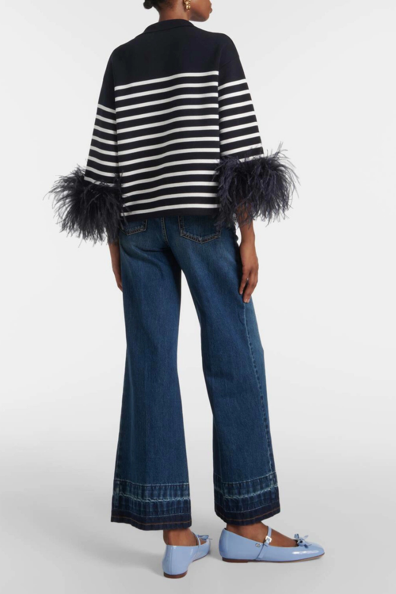 Valentino Garavani Striped Feather-trimmed Blouse