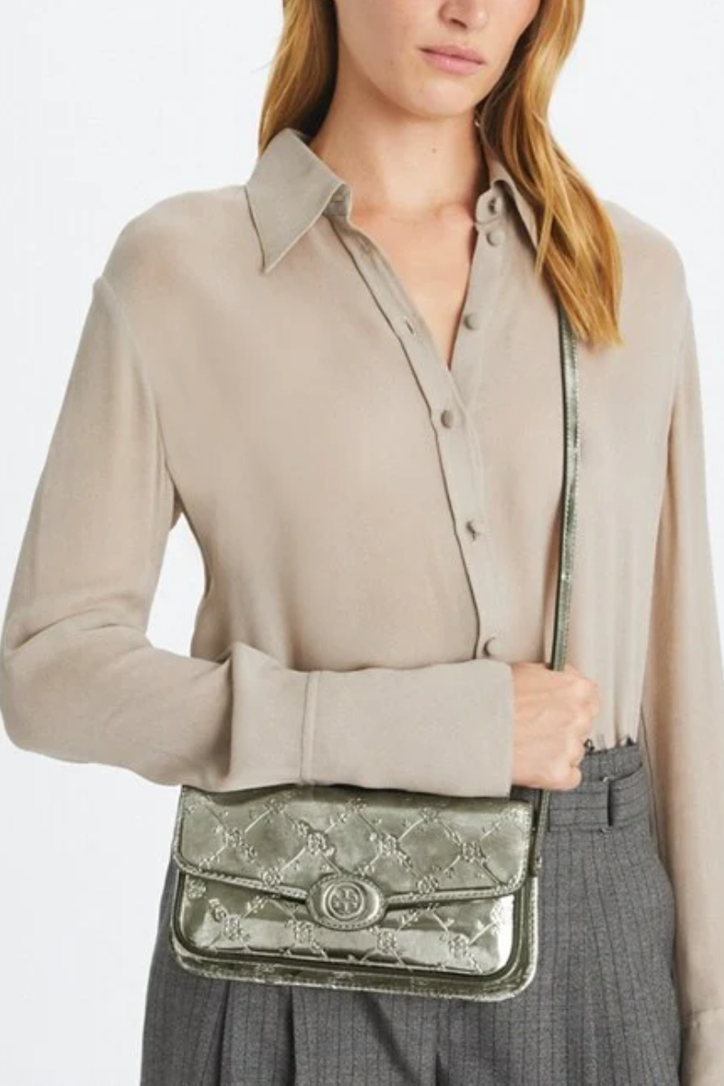 Tory Burch Robinson Floral Metallic Crossbody – Silver