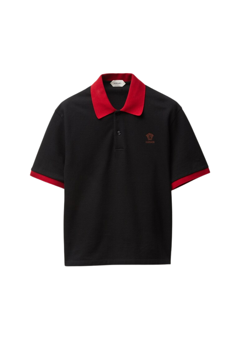Versace Logo Embroidered Pique Polo Shirt-Red