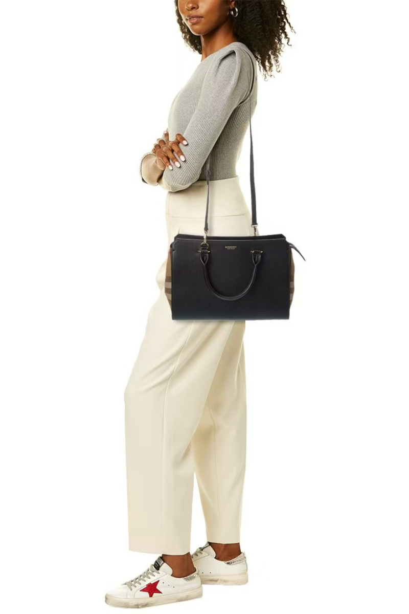 Burberry Banwell Check Canvas and Leather Tote Bag In Black