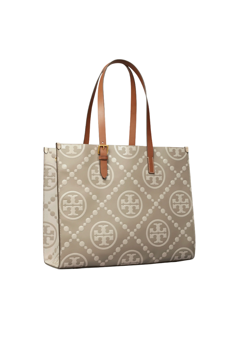 Tory Burch T Monogram Contrast Embossed Leather Tote Bag in New Cream
