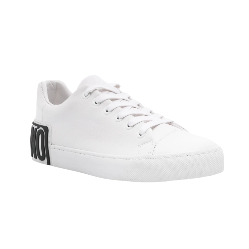 Mens | Moschino Logo-Embellished Leather Sneakers (White/Black)