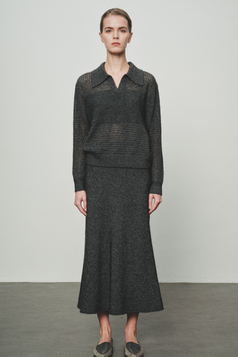 Max Simple Lurex-Openwork Polo Knit Charcoal MSYY265099C