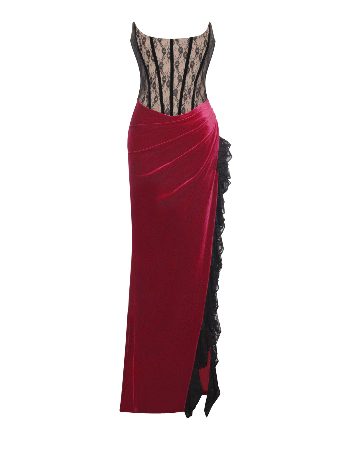 Gaia Burgundy Lace Velvet Corset Side Slit Dress (Archive Sale)