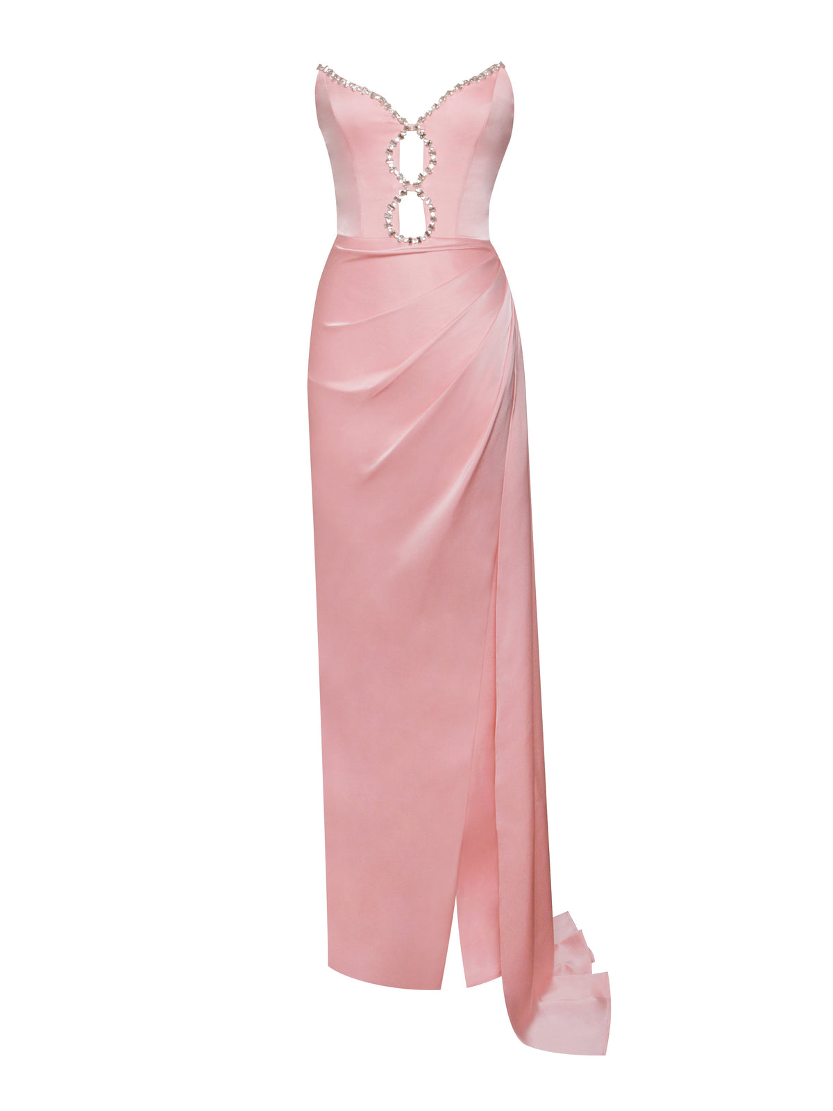Marilyn Pink Satin Crystal Embellished High Slit Gown (Archive Sale)