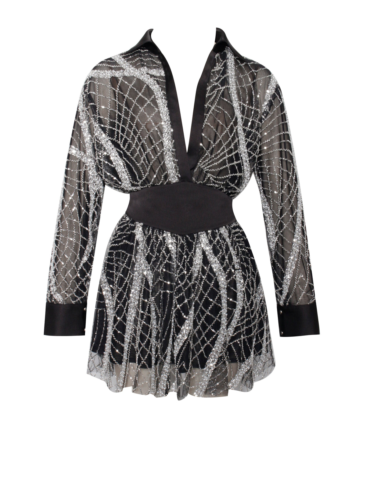 Rachelle Black Embroidered Mesh Mini Shirt Dress (Archive Sale)