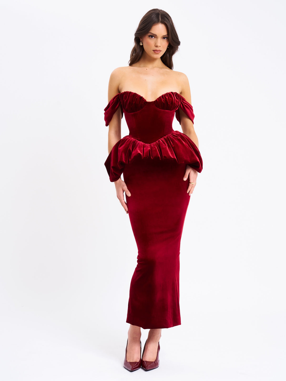 Abigail Velvet Off Shoulder Bubble Hem Peplum Maxi Dress (Archive Sale)