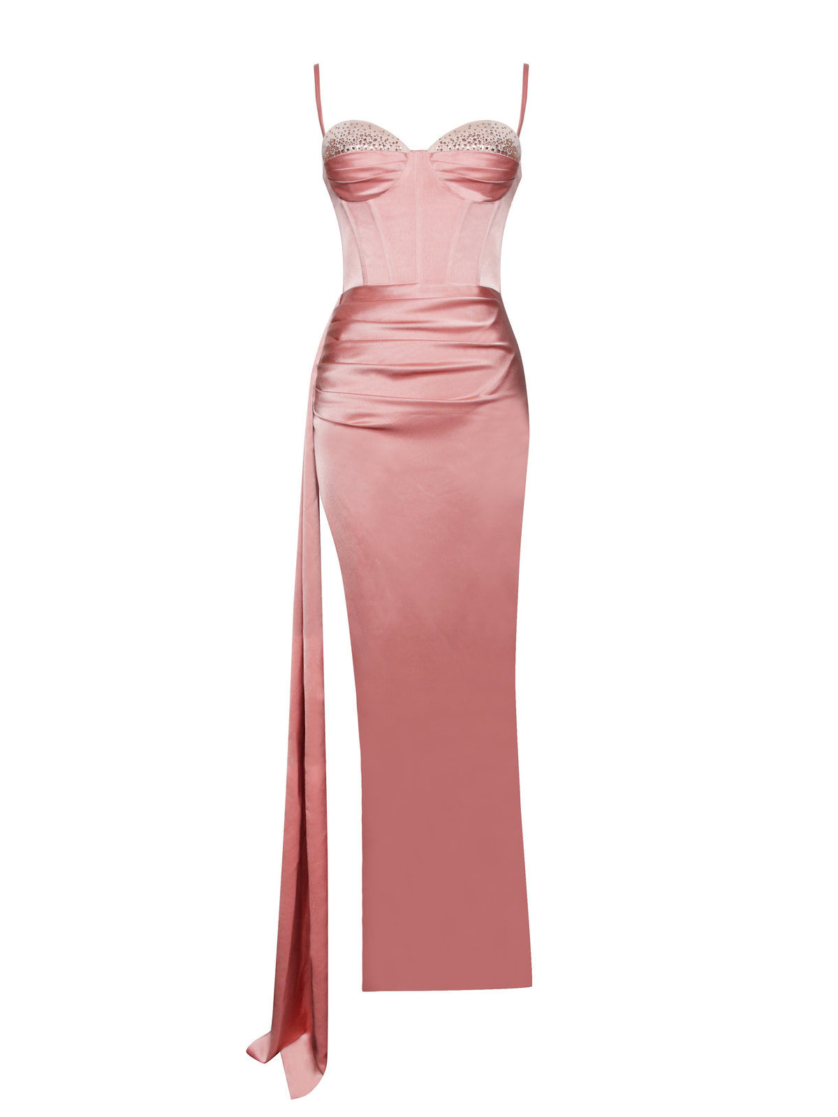 Vanity Blush Pink Satin High Slit Draping Corset Gown With Crystals (Archive Sale)