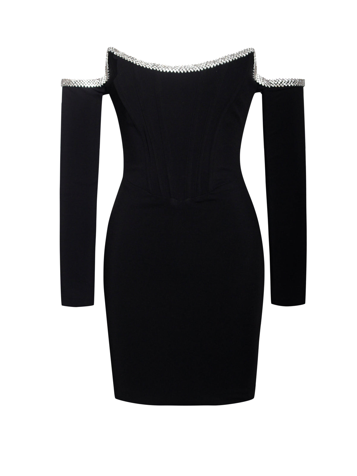 Annika Black Off Shoulder Long Sleeve Corset Dress With Crystal Trim (Archive Sale)